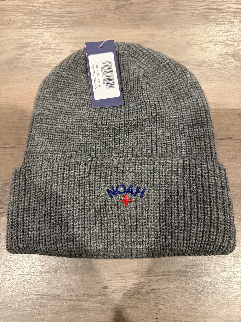 Gray Ribbed Knit Beanie with Red Cross Accent